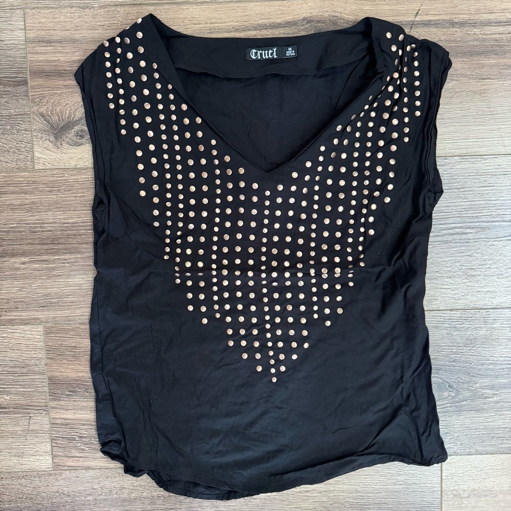 Cruel Sleeveless  Black V-Neck Shirt, Gold Stud Embellishments